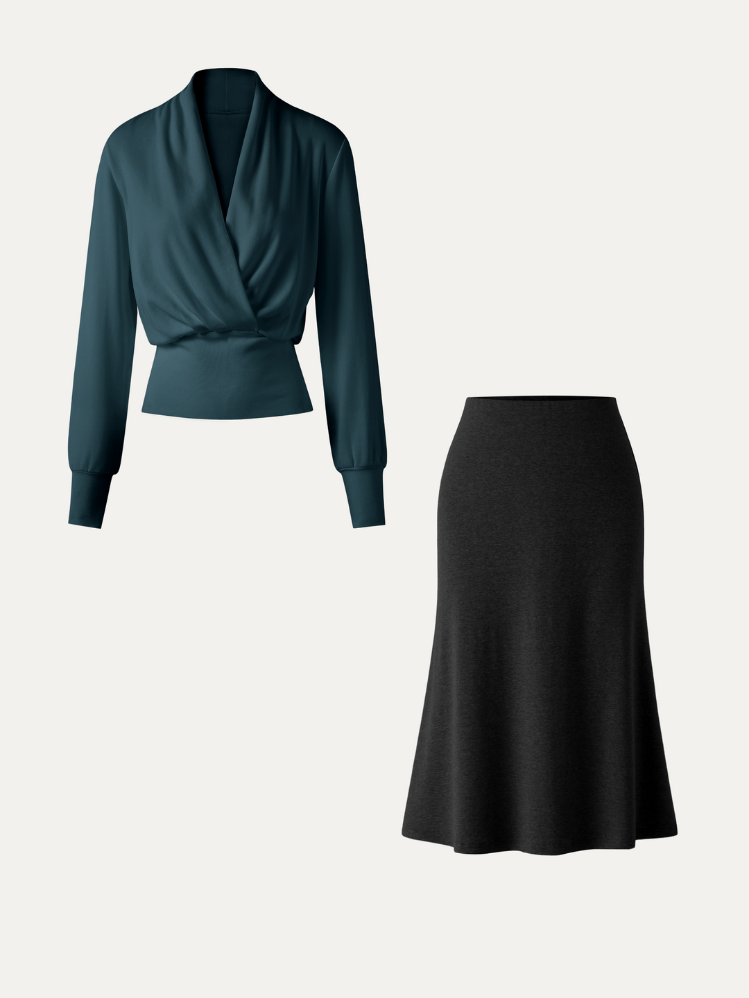 2Pcs Set LiteWarm Surplice Banded Hem Top & Soft Pull-On Midi Skirt — women's women > bundles&sets > bundles, front view
