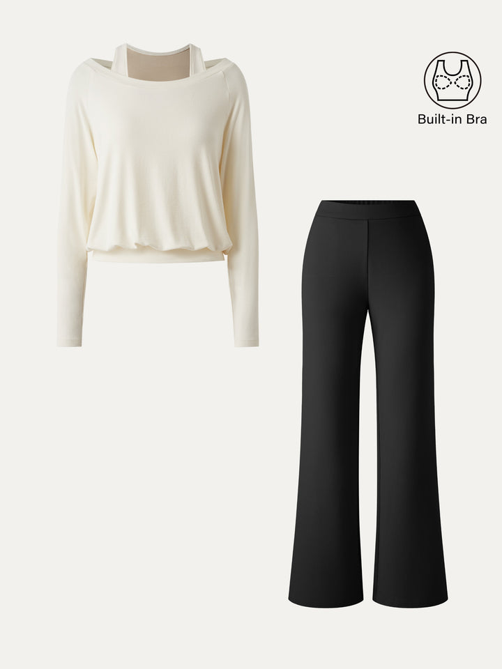 2Pcs Set Multi-Wear Built-In Bra Top 3.0 & Slim Flared Pants with Pockets
