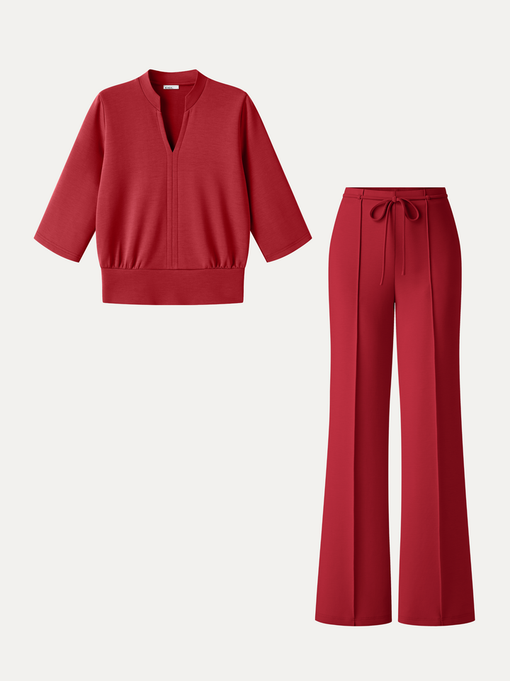 2Pcs Set V-Neck Elbow Sleeve Bam Top & High-Rise Flare Pants with Pockets