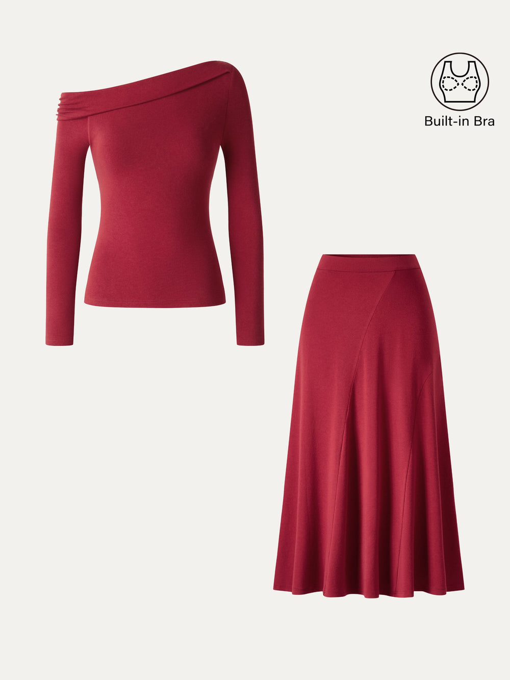 2Pcs Set LiteWarm Asymmetrical Built-In Bra Top 2.0 & High-Rise A-Line Midi Skirt — women's women > bundles&sets > bundles, back view