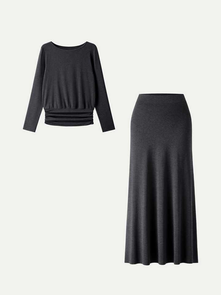 2Pcs Set LiteWarm Boatneck Top & High-Rise A-Line Maxi Skirt