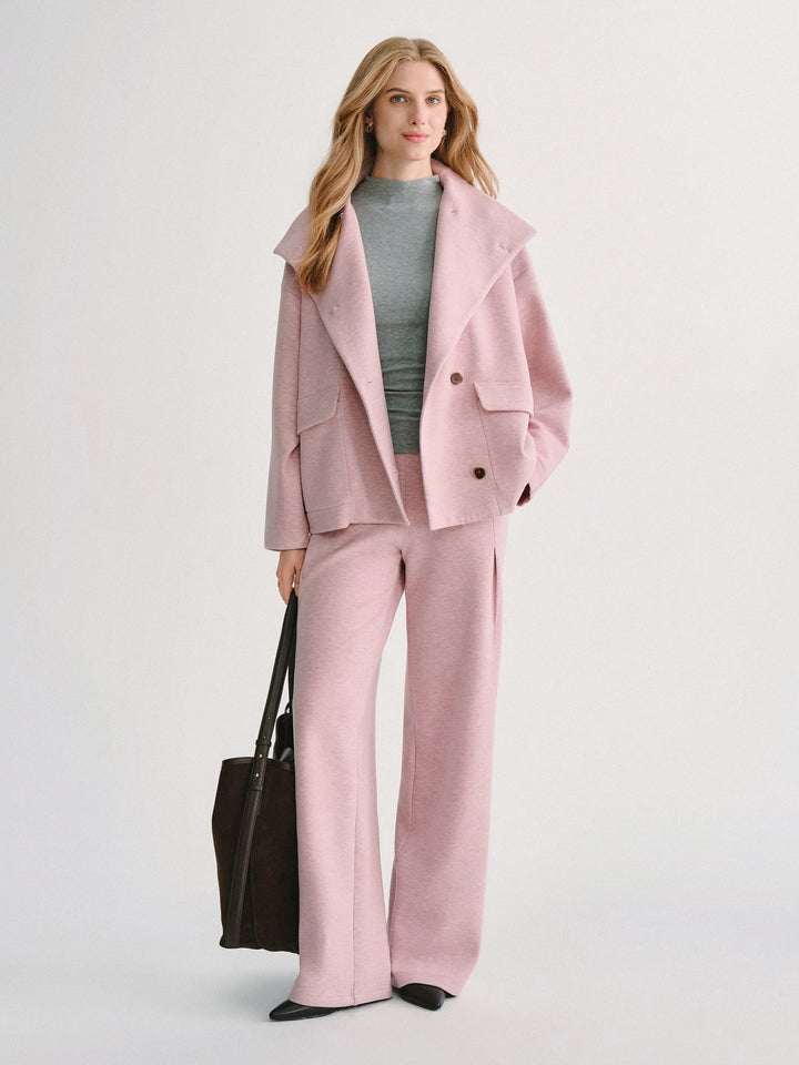 2Pcs Set FuzzLuxe Mock Neck Long Sleeve Jacket with Pockets & High-Rise Wide-Leg Tuck Pants with Welt Pockets