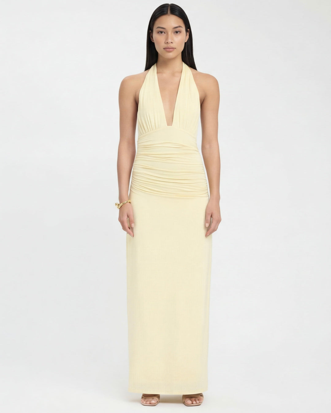 ARIA Nyx Halter Maxi Dress - women's maxi dress, model wearing it, three-quarter view