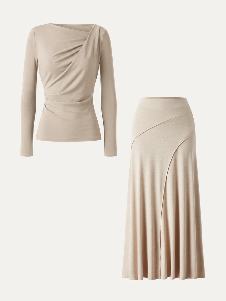 2Pcs Set LiteWarm Asymmetrical Neck Top & Drapey A-Line Midi Skirt