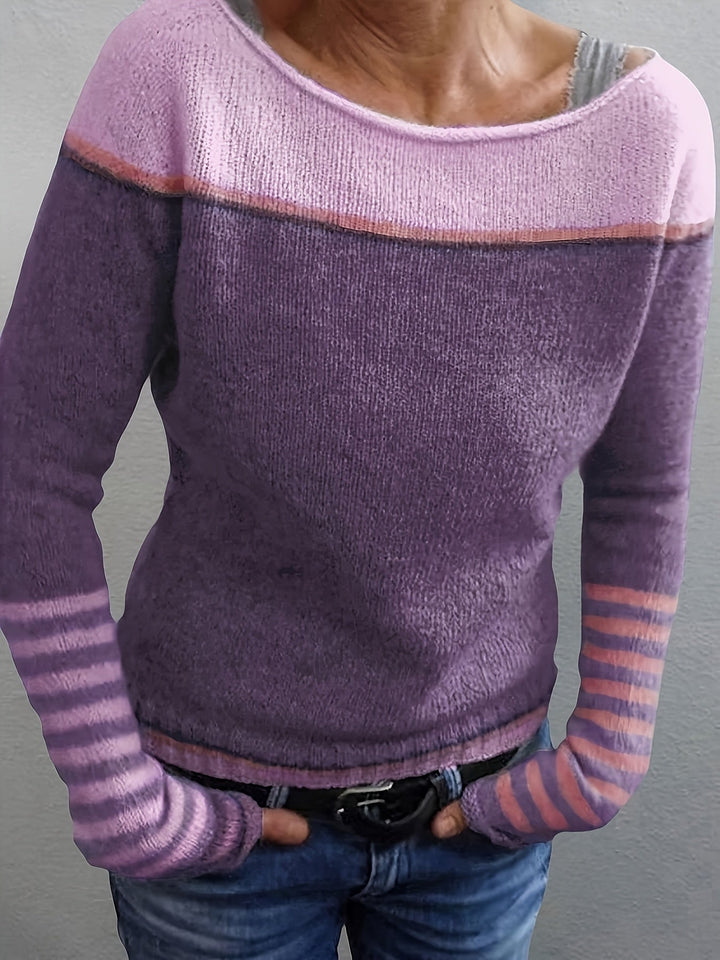 Isolde | Women's Colorblock Boat Neck Sweater with Striped Cuffs