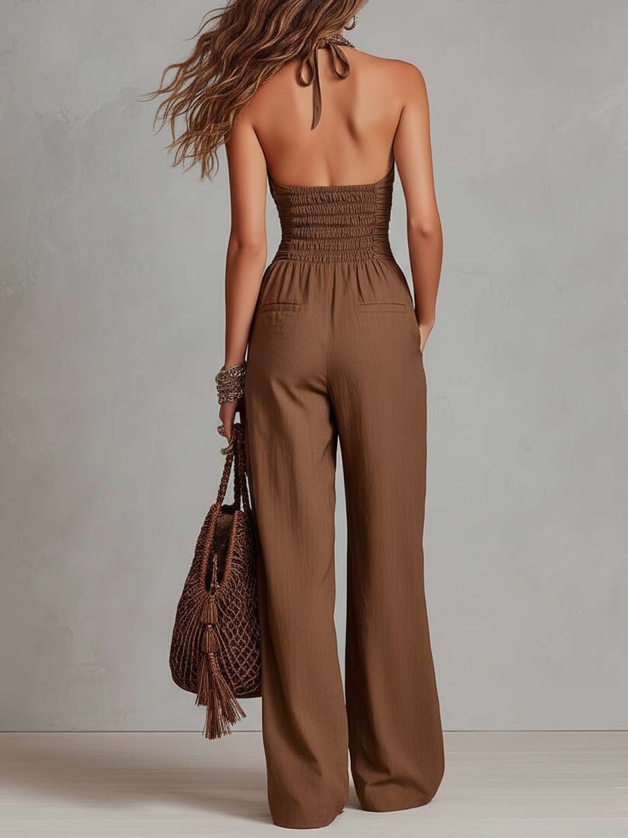 Bohemian Halter Smocked Waist Linen-Cotton Wide-Leg Jumpsuit