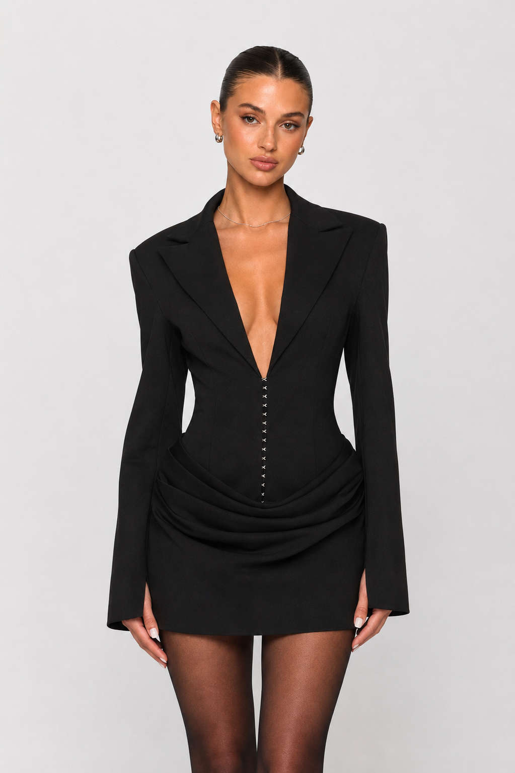 CEO Blazer Mini Dress - women's mini dress, model wearing it, three-quarter view