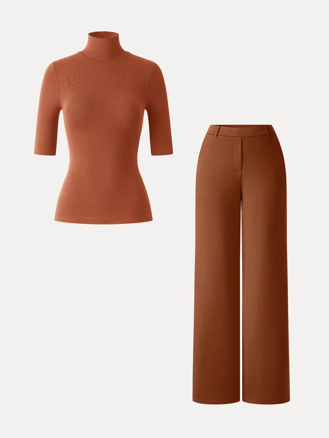 2Pcs Set LiteWarm Elbow Length Sleeve Built-In Bra Top 3.0 & High-Rise Wide Leg Pants