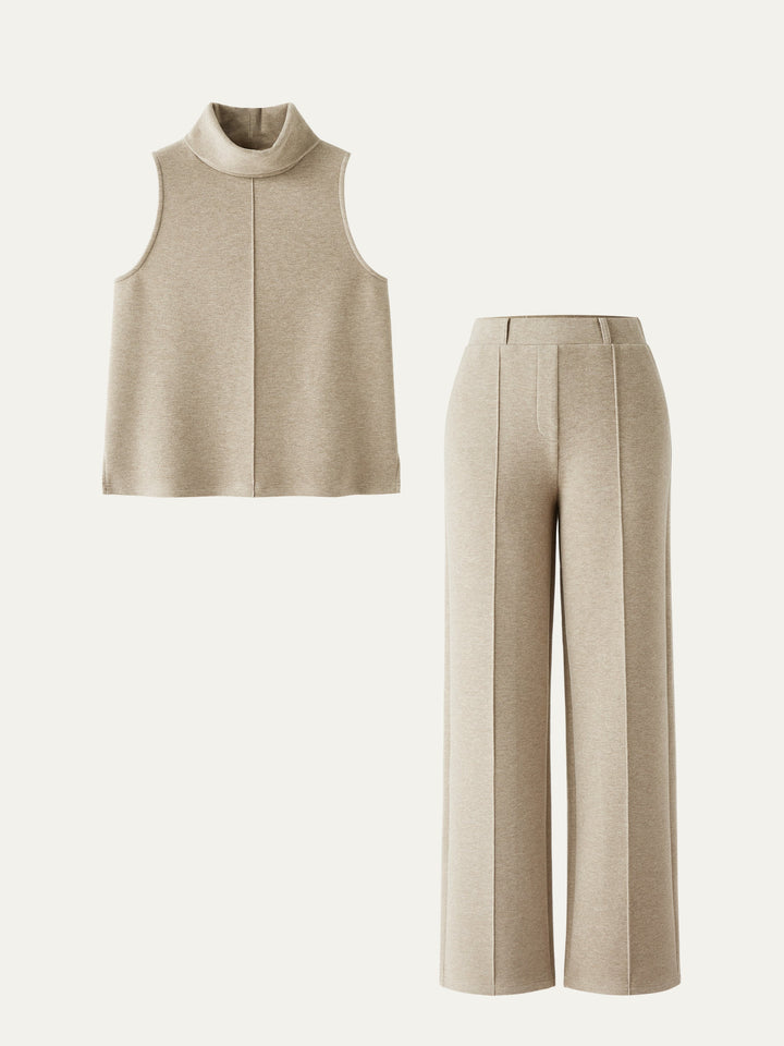 2Pcs Set Regular Split Hem Top & High Waisted Warm Straight Leg Pull On Pant
