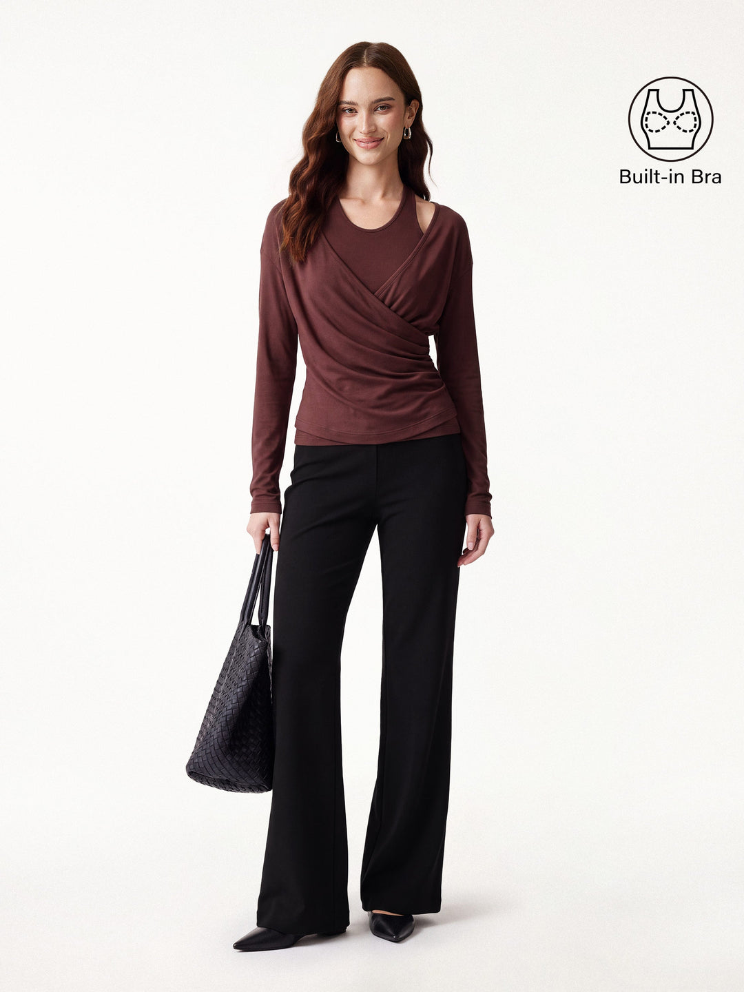 2Pcs Set Surplice Ruched Built-In Bra Top 2.0 & Slim Flared Pants with Pockets
