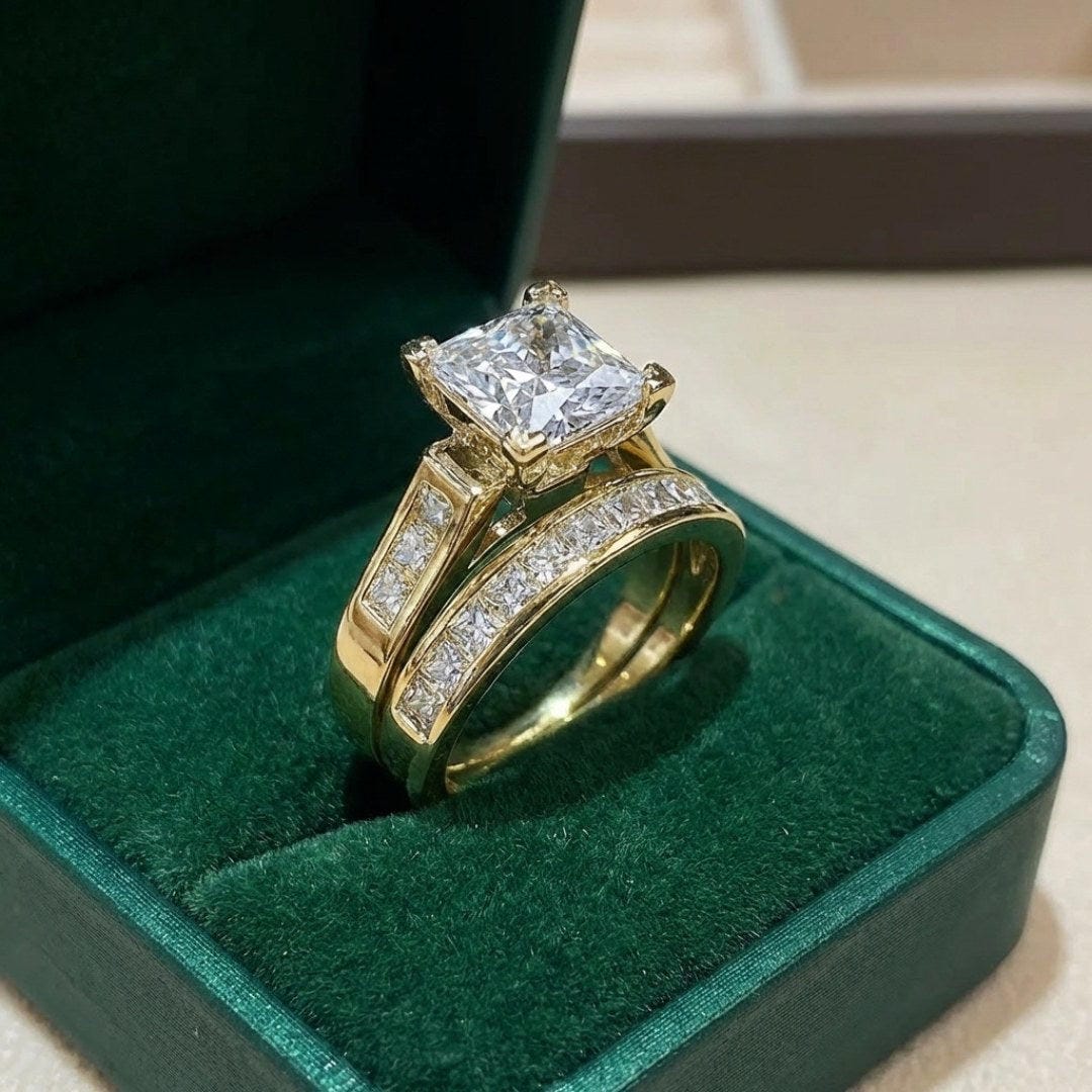 Both rings displayed together on a jewellery tray