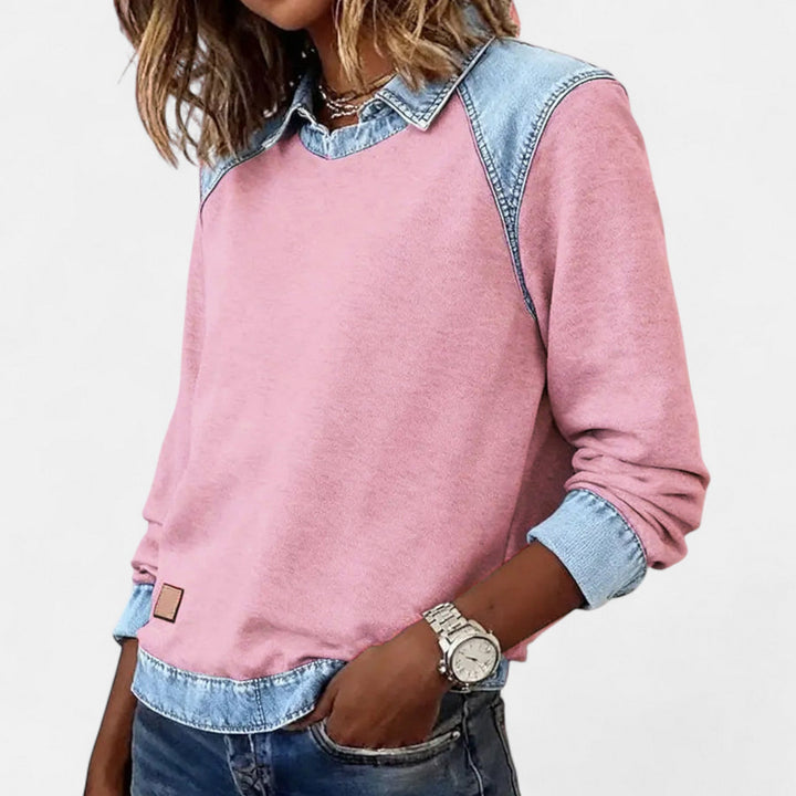 Genevieve | Women's Denim Trim Crew Neck Sweatshirt