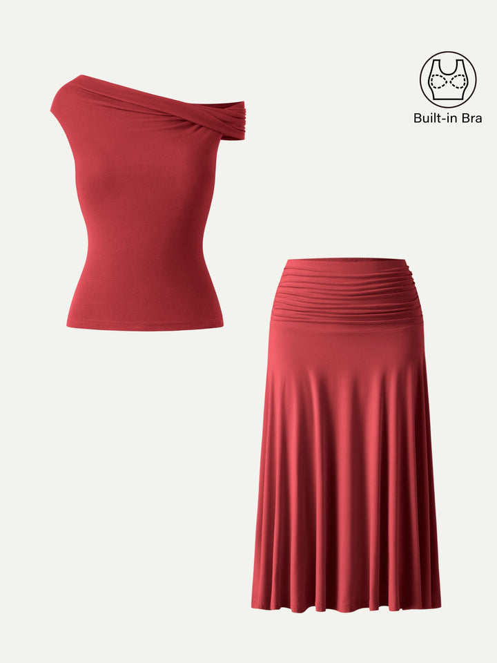 2Pcs Set Multi-wear Built-In Bra Top 2.0 & Side Ruched A-line Midi Skirt