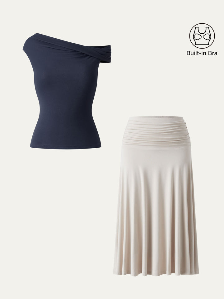 2Pcs Set Multi-wear Built-In Bra Top 2.0 & Side Ruched A-line Midi Skirt