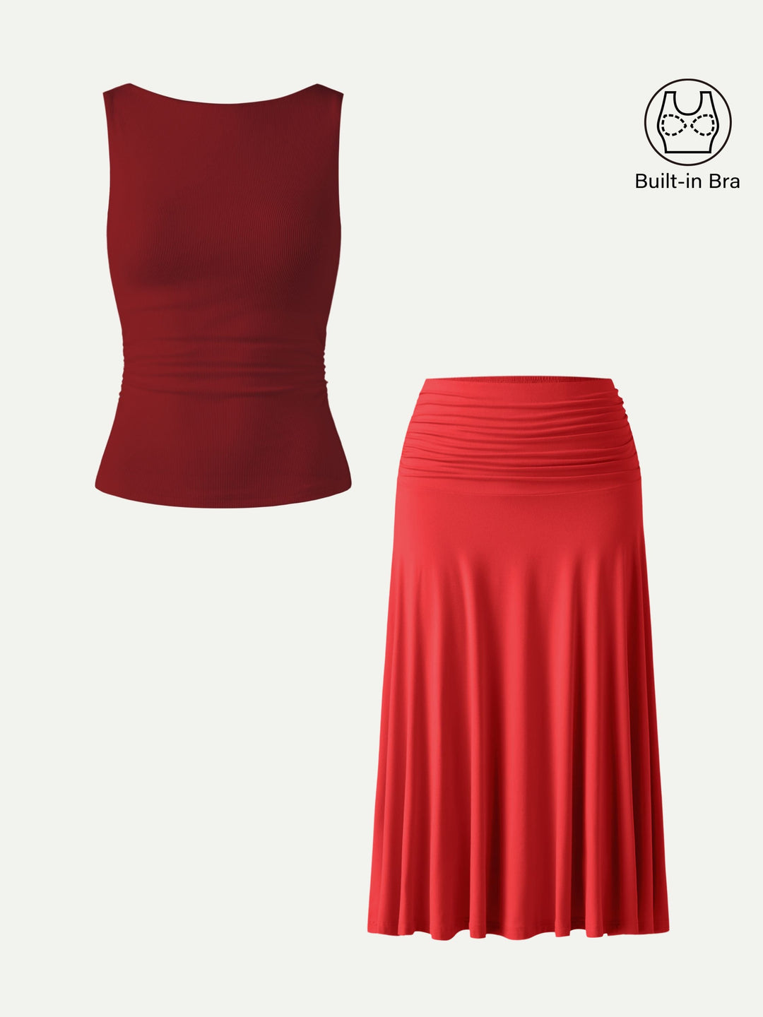 2Pcs Set Open Back Built-In Bra Tank 2.0 & Side Ruched A-line Midi Skirt