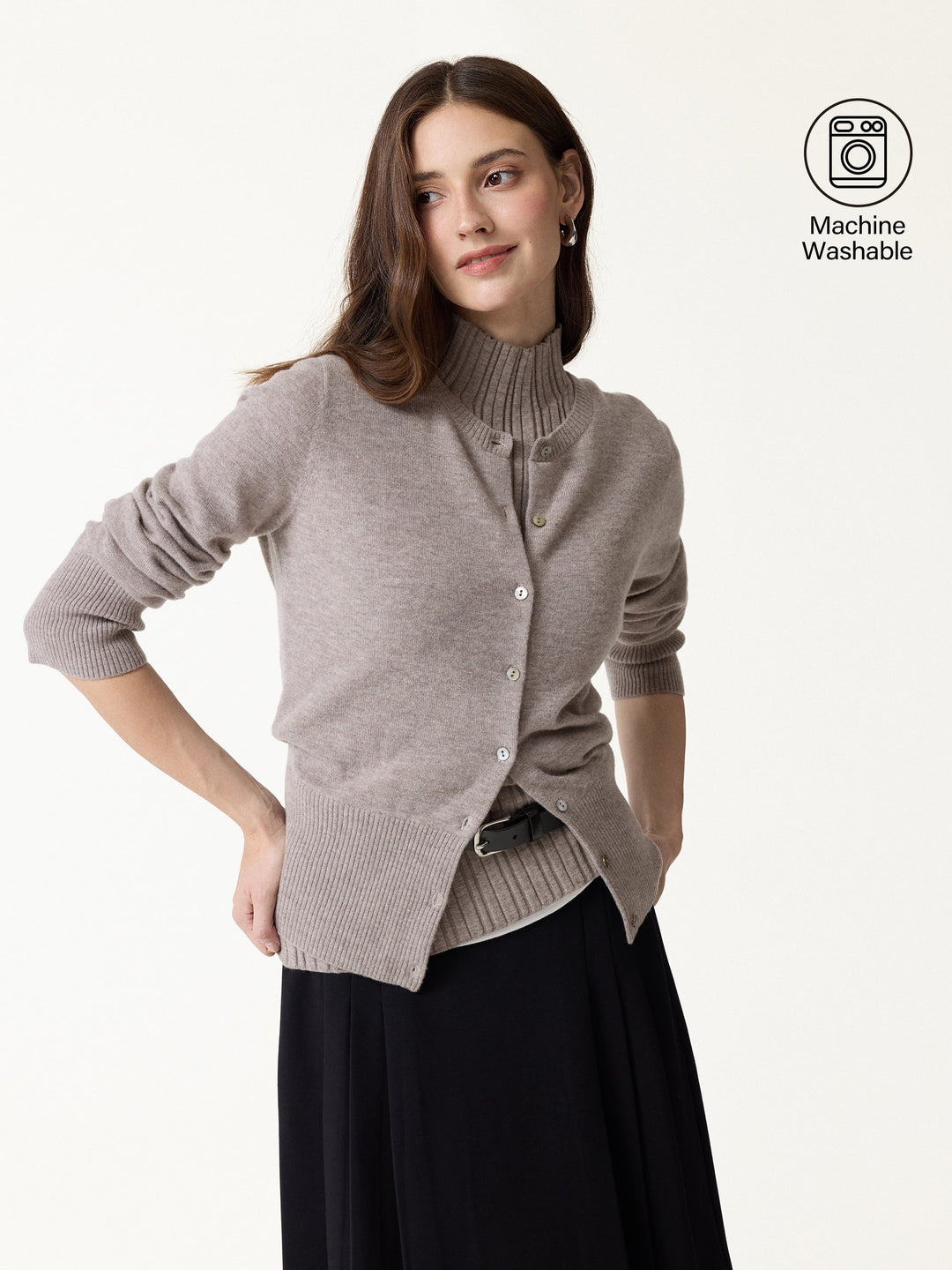 2Pcs Set 100% Merino Wool Long Sleeve Cardigan & Mock Neck Sweater