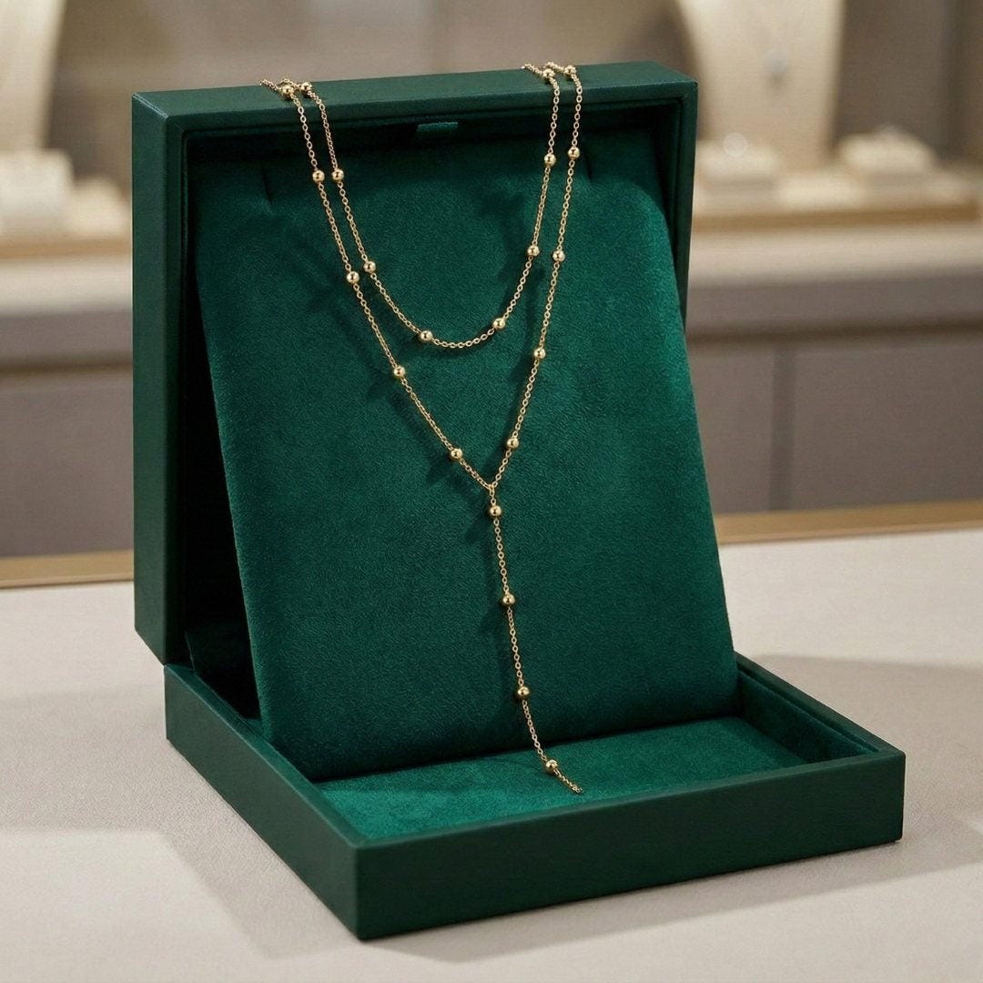 Necklace worn on a model's neckline