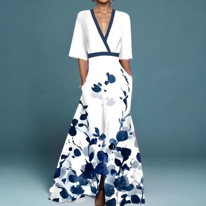 Michelle - Elegant Floral Wrap Dress — back view
