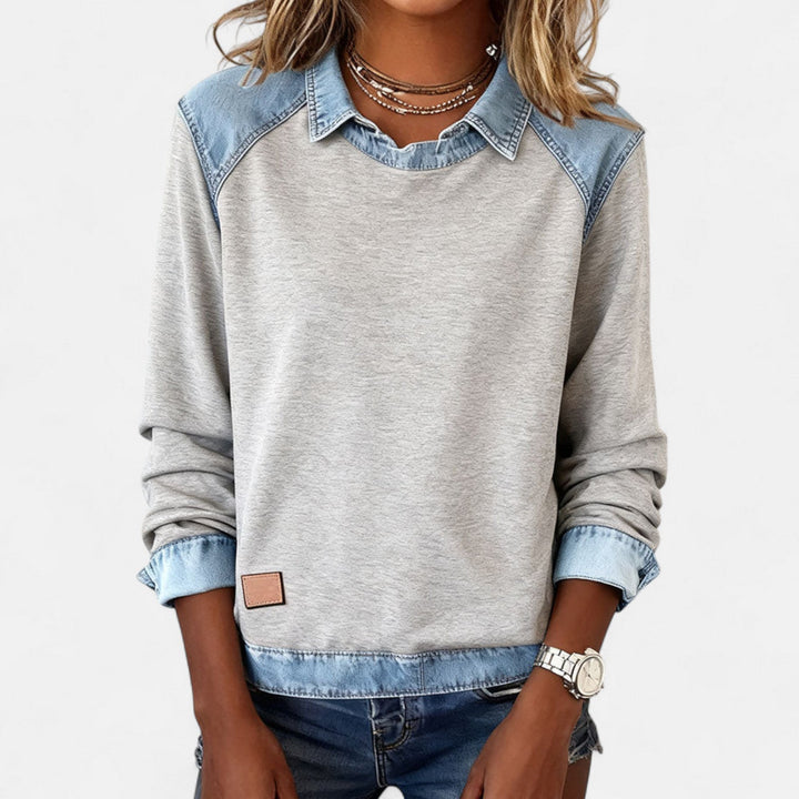 Genevieve | Women's Denim Trim Crew Neck Sweatshirt