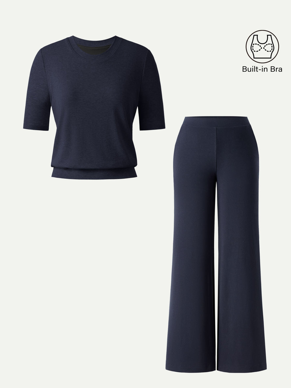 2Pcs Set Regular Mid Rise Wide Leg Pants & Crewneck Built-In Bra Top 2.0 — women's women > bundles&sets > bundles, back view