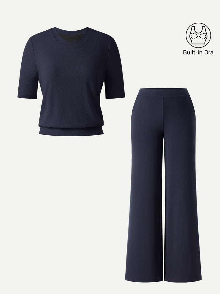 2Pcs Set Regular Mid Rise Wide Leg Pants & Crewneck Built-In Bra Top 2.0