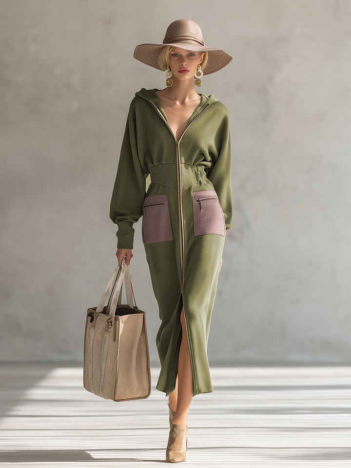 Linda olive green maxi dress – side view hooded design women