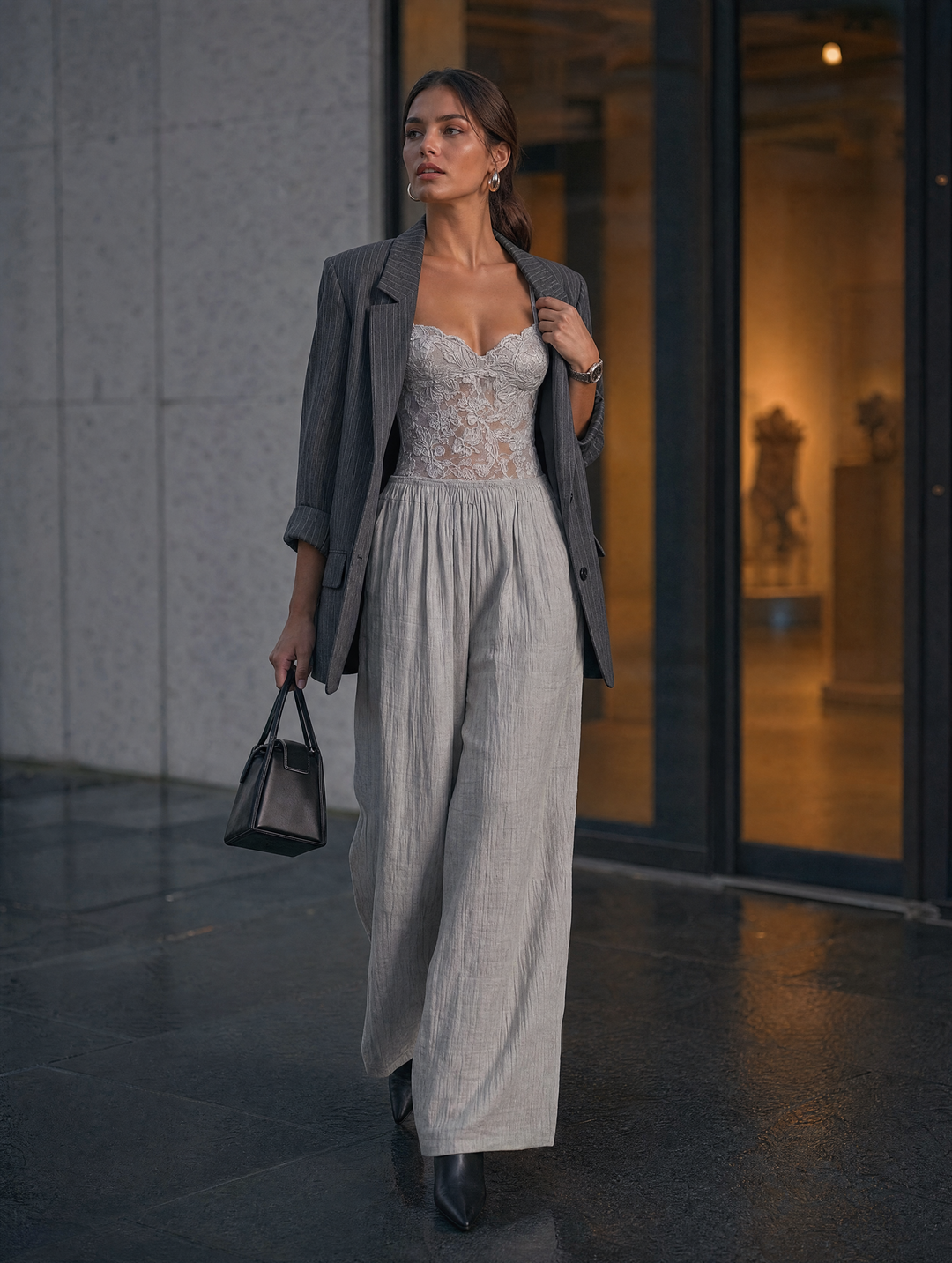 Bohemian Light Grey Lace And Crinkle Cotton Wide-Leg Jumpsuit
