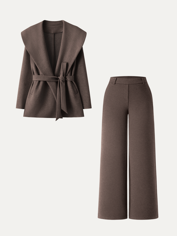 2Pcs Set Belted Shawl Collar Robe Jacket & Mid Rise Straight Pants with Pockets