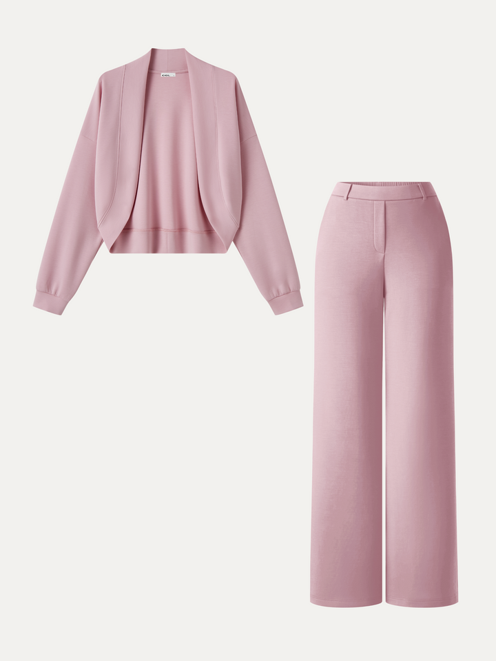2Pcs Set Long Sleeve Shrug Cardigan & High-Rise Wide Leg Pants with Pockets