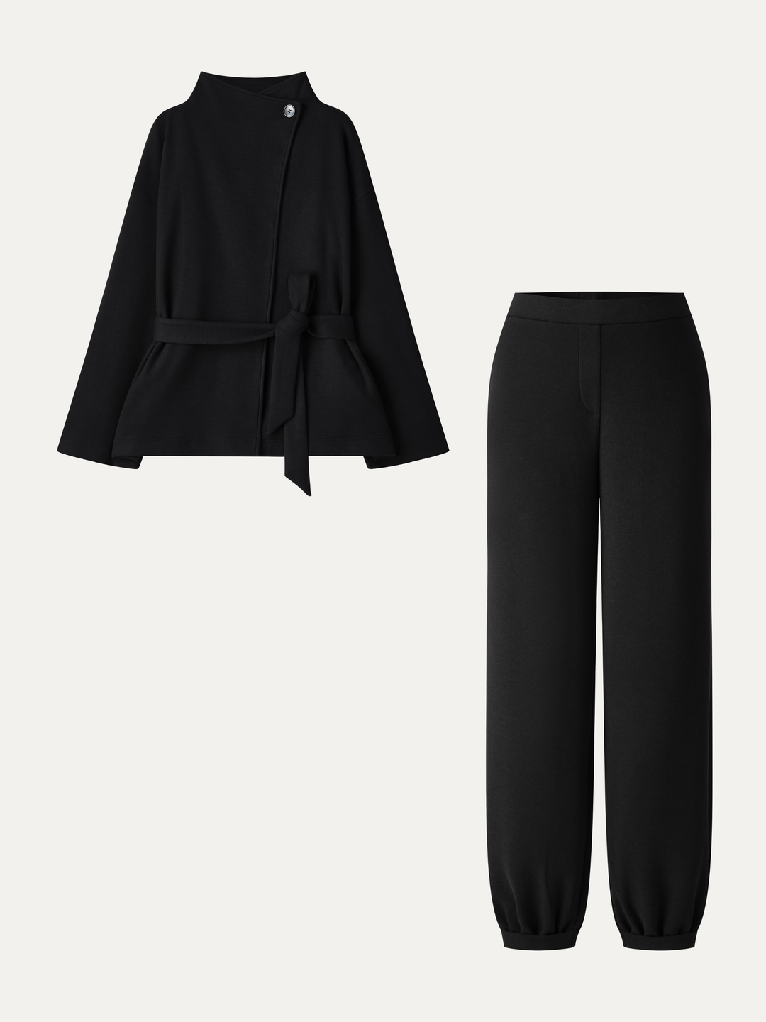 2Pcs Set Waterfall Lapel Belted Jacket with Pockets & Mid-Rise Balloon Pants with Pockets