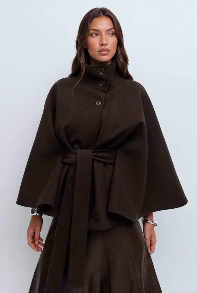 Chocolate brown wool cape with high collar and self tie belt, close front view