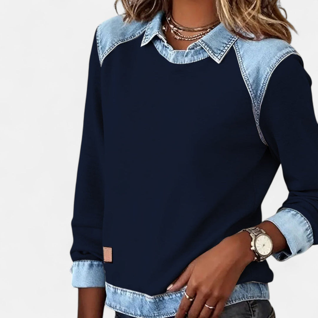 Genevieve | Women's Denim Trim Crew Neck Sweatshirt