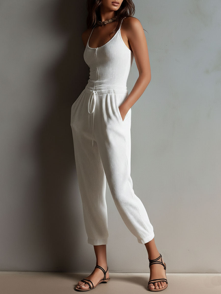 Boho Casual White Ribbed Knit Drawstring Waist Jumpsuit