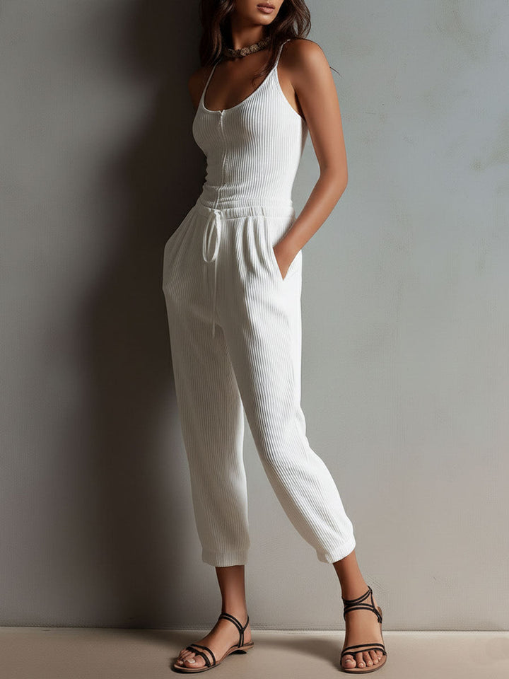 Boho Casual White Ribbed Knit Drawstring Waist Jumpsuit