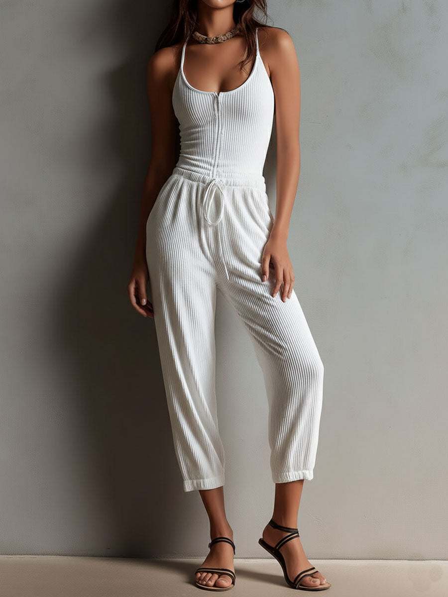 Boho Casual White Ribbed Knit Drawstring Waist Jumpsuit