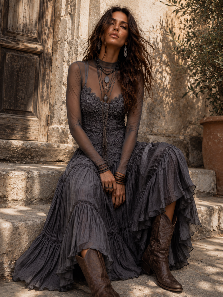 Dark Gray Lace Bodice Tiered Crinkle Maxi Dress