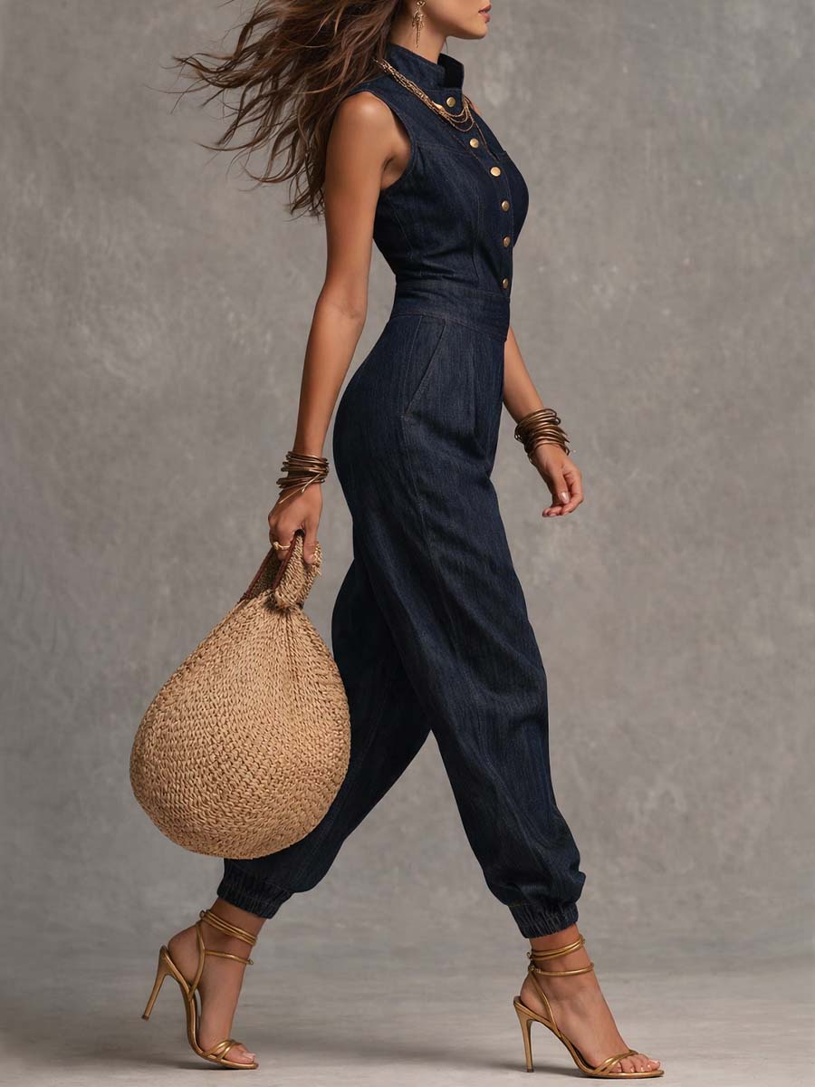 Retro Tencel Denim Sleeveless Jumpsuit
