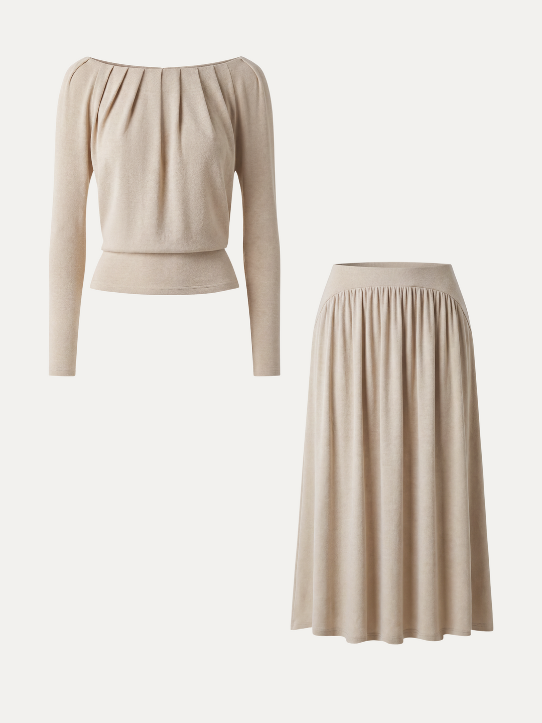 2Pcs Set LiteWarm Boatneck Long Sleeve Tucked Top & High-Rise A-Line Midi Skirt with Pockets