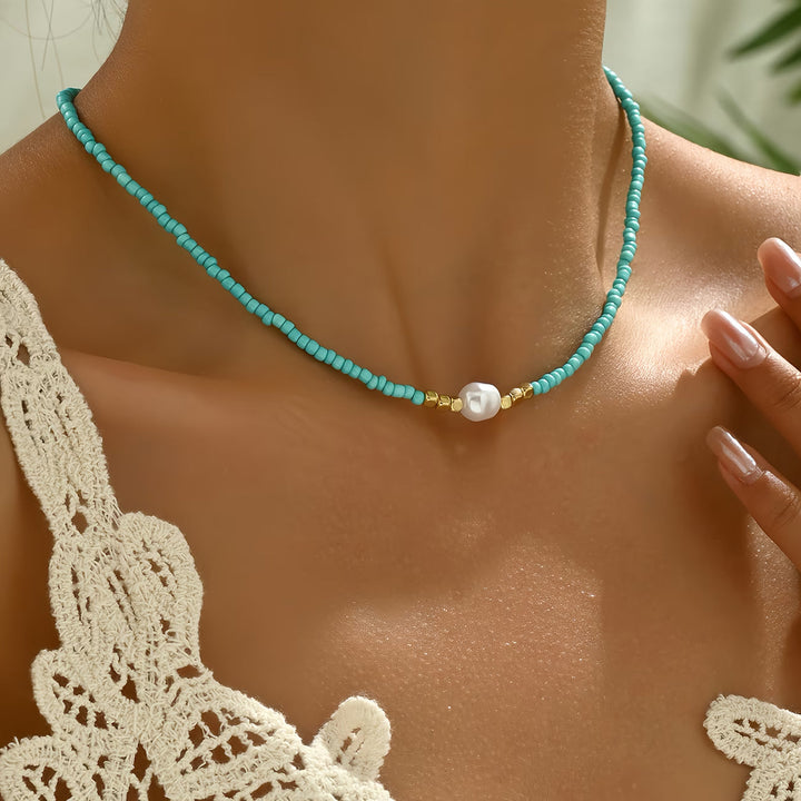 Pearl necklace styled with a simple everyday outfit
