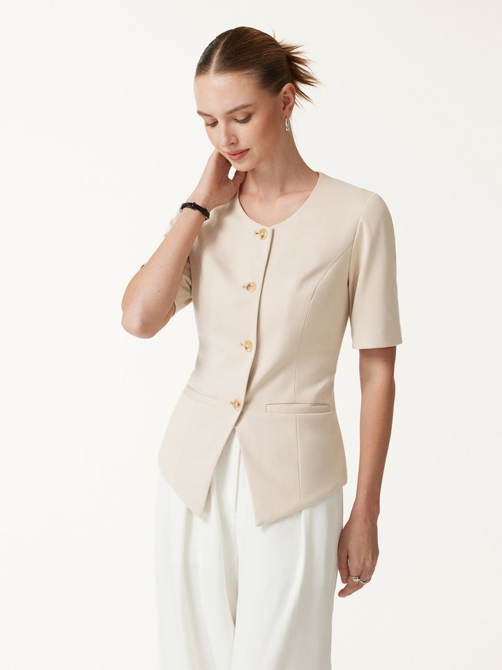 Ponte Office Round Neck Elbow Sleeve Jacket with Pockets