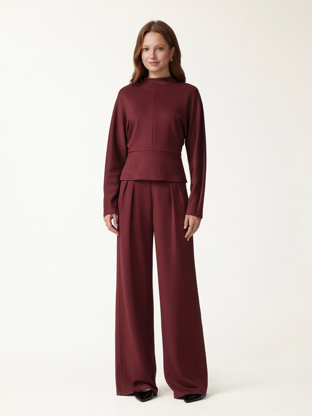 2Pcs Set Mock Neck Batwing Sleeve Top & High-Rise Wide-Leg Pants with Pockets — women's women > bundles&sets > bundles, front view