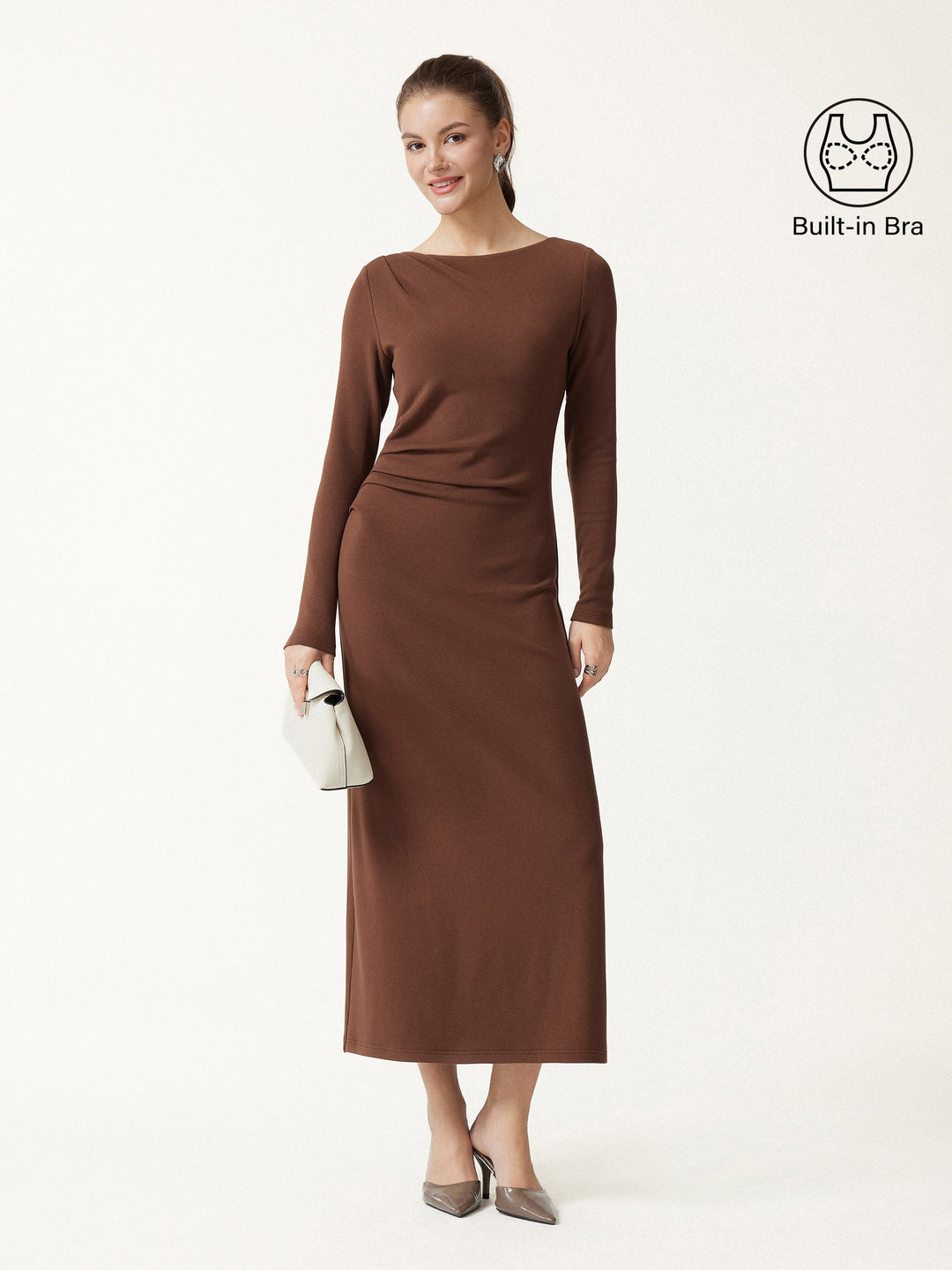 ProWarm Boatneck Long Sleeve Tucked Built-In Bra 2.0 Midi Dress