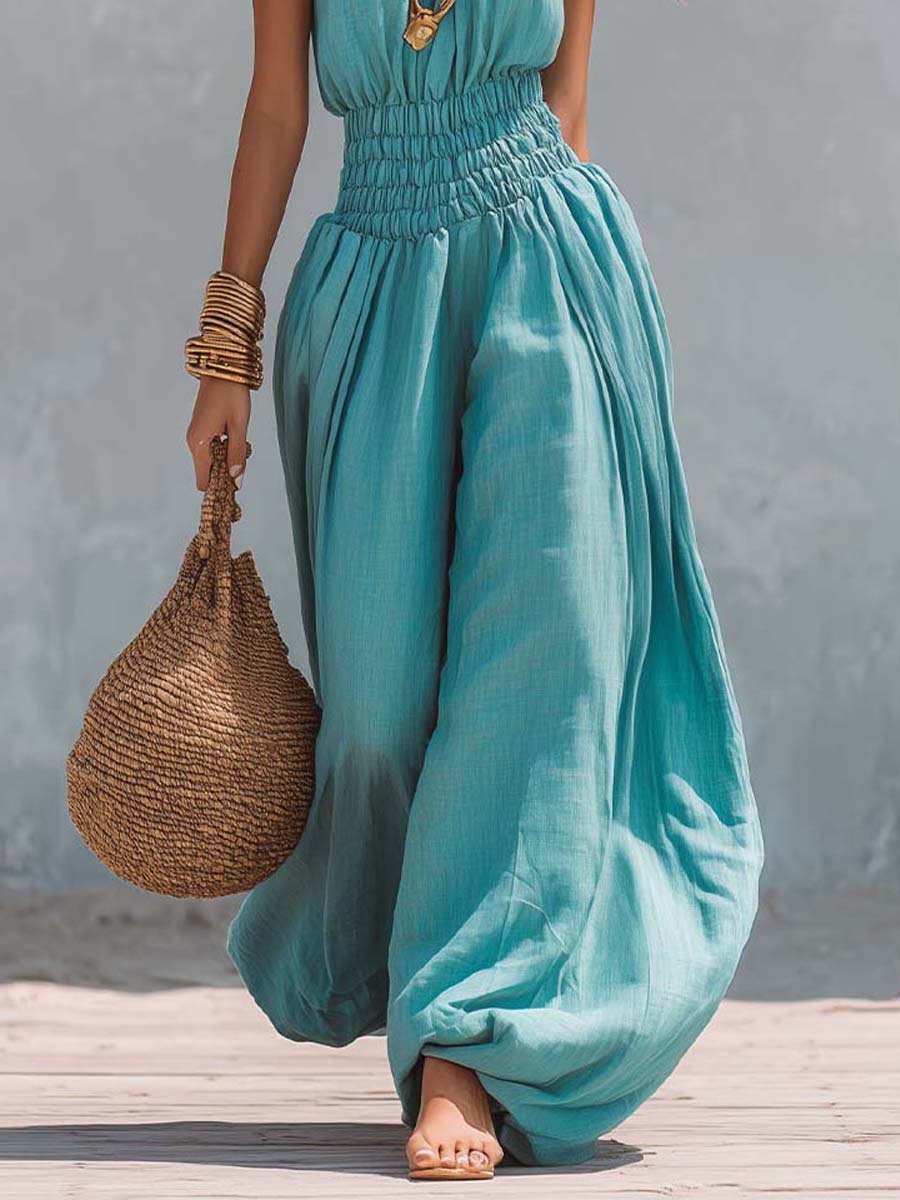 Bohemian Cotton-Linen Halter Smocked Balloon-Leg Jumpsuit