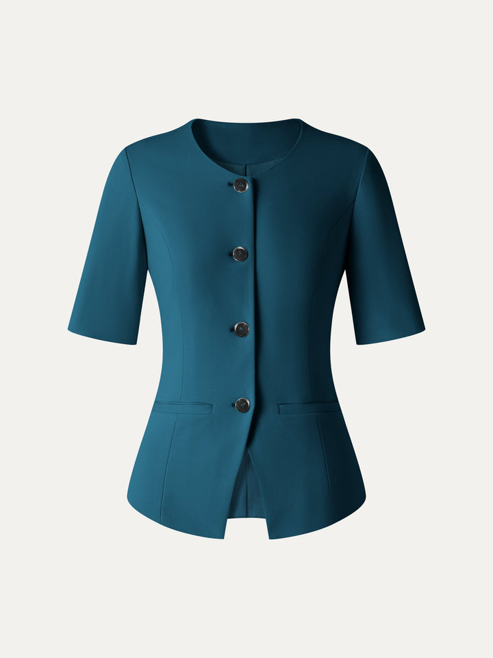 Ponte Office Round Neck Elbow Sleeve Jacket with Pockets