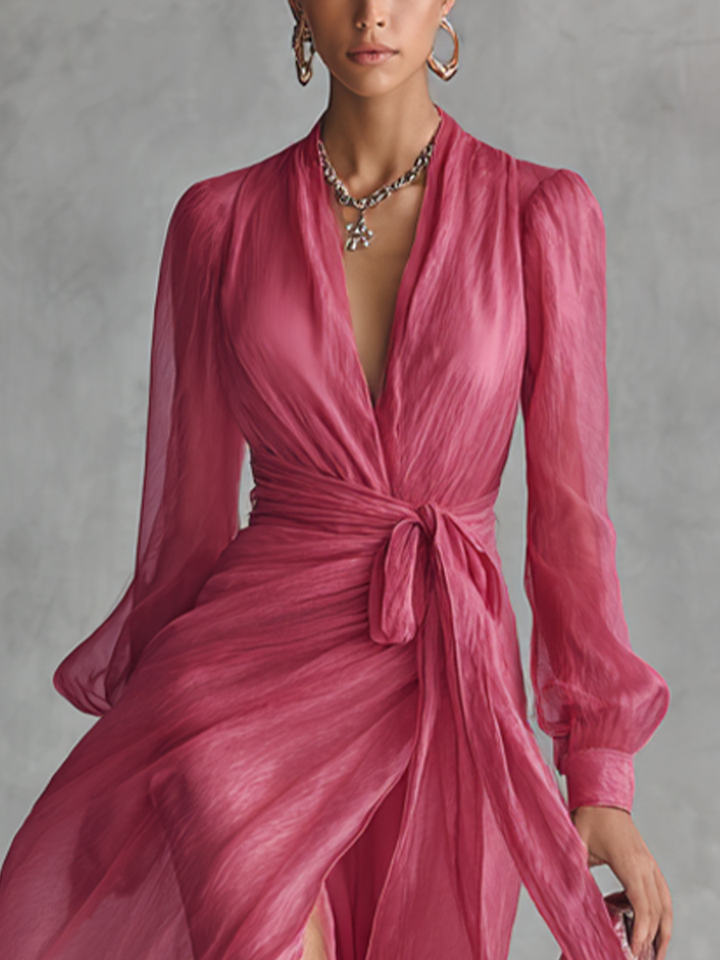 Pink Pearl Chiffon Maxi Dress — back view