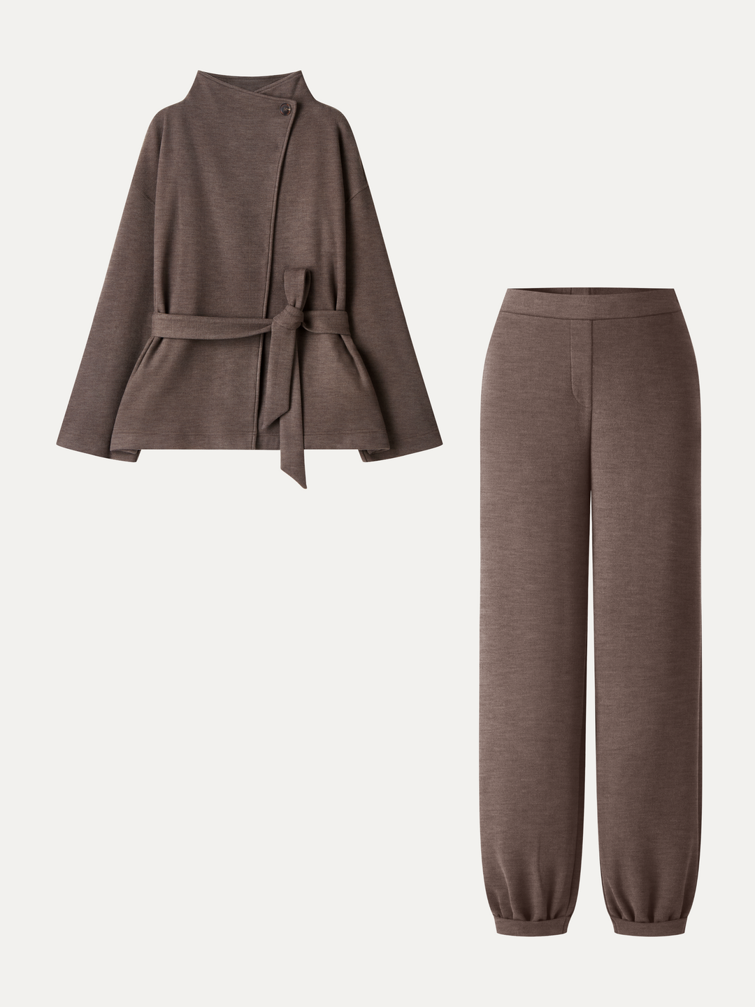 2Pcs Set Waterfall Lapel Belted Jacket with Pockets & Mid-Rise Balloon Pants with Pockets