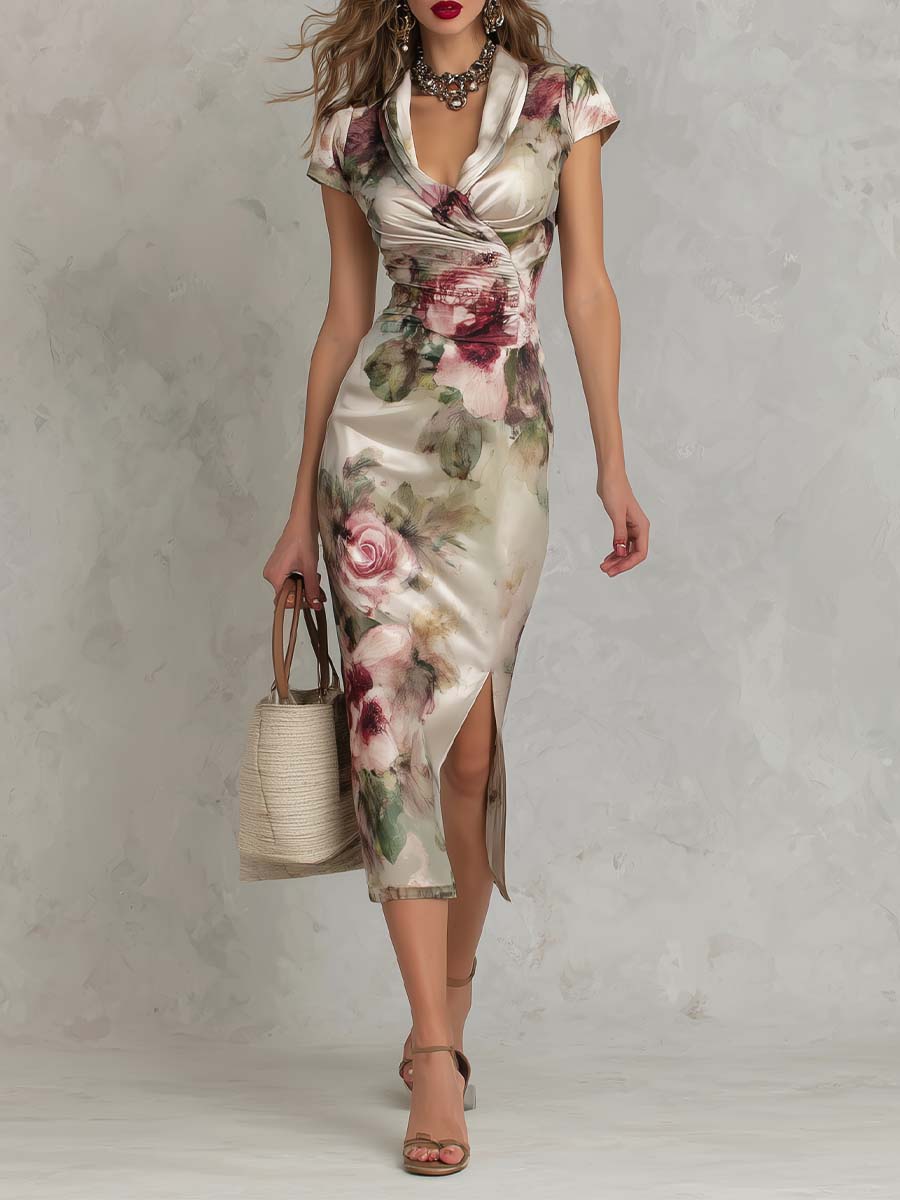 Satin Floral Print Ruched Midi Dress With Side Slit
