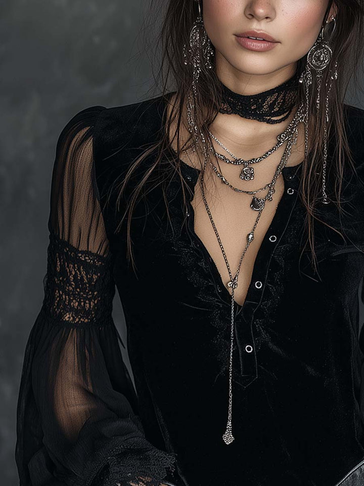Vintage Henley Collar Sheer Sleeves Lace Trim Polyester Velvet Blouse | Harry & Kate London