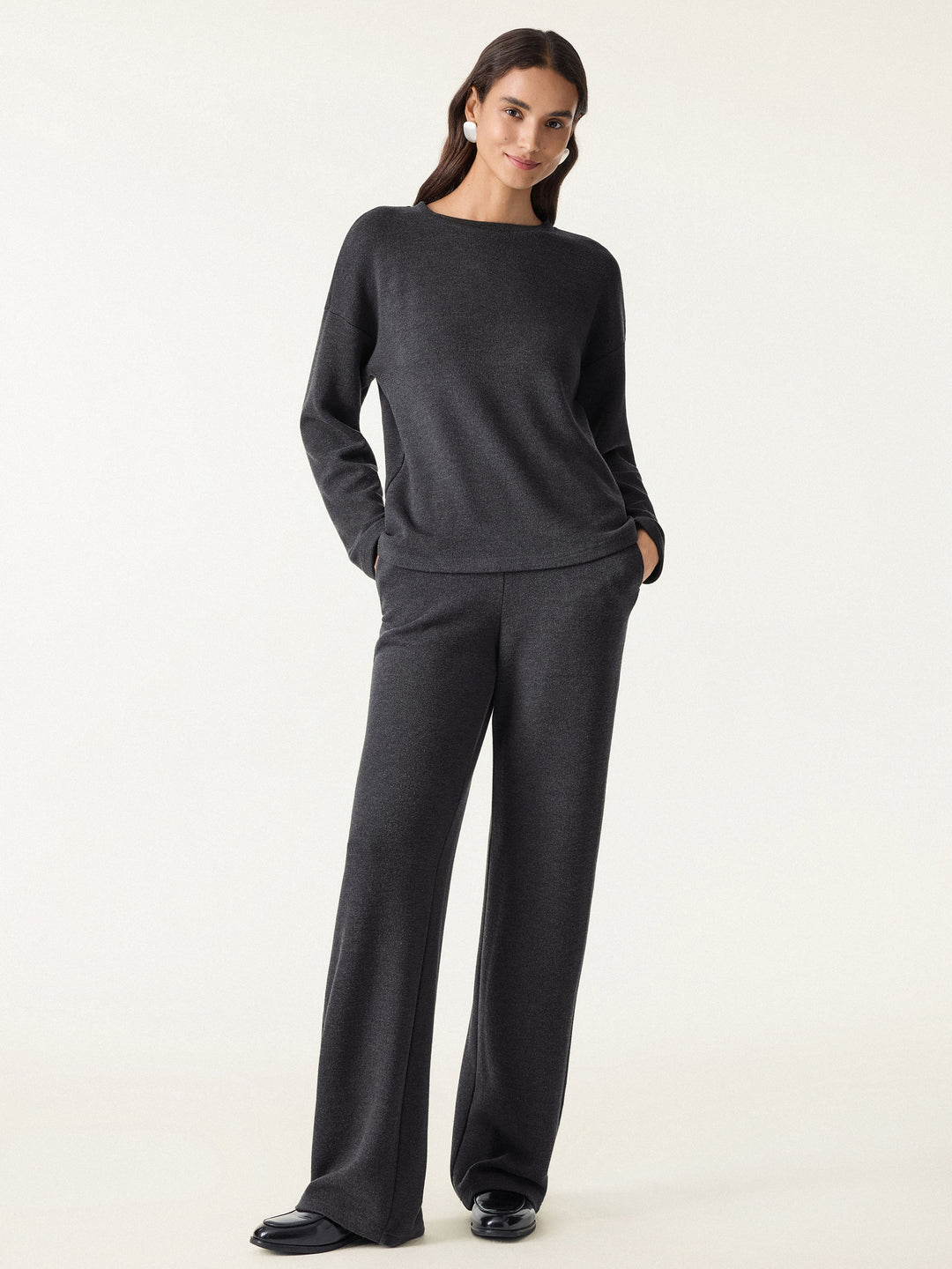 2Pcs Set Crew Neck Long Sleeve Top & Mid Rise Straight Leg Pants with Pockets
