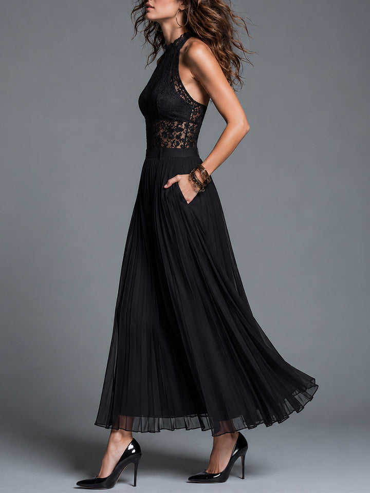 Retro Stand-Collar Cutout Lace Top & Chiffon Pleated Skirt Set
